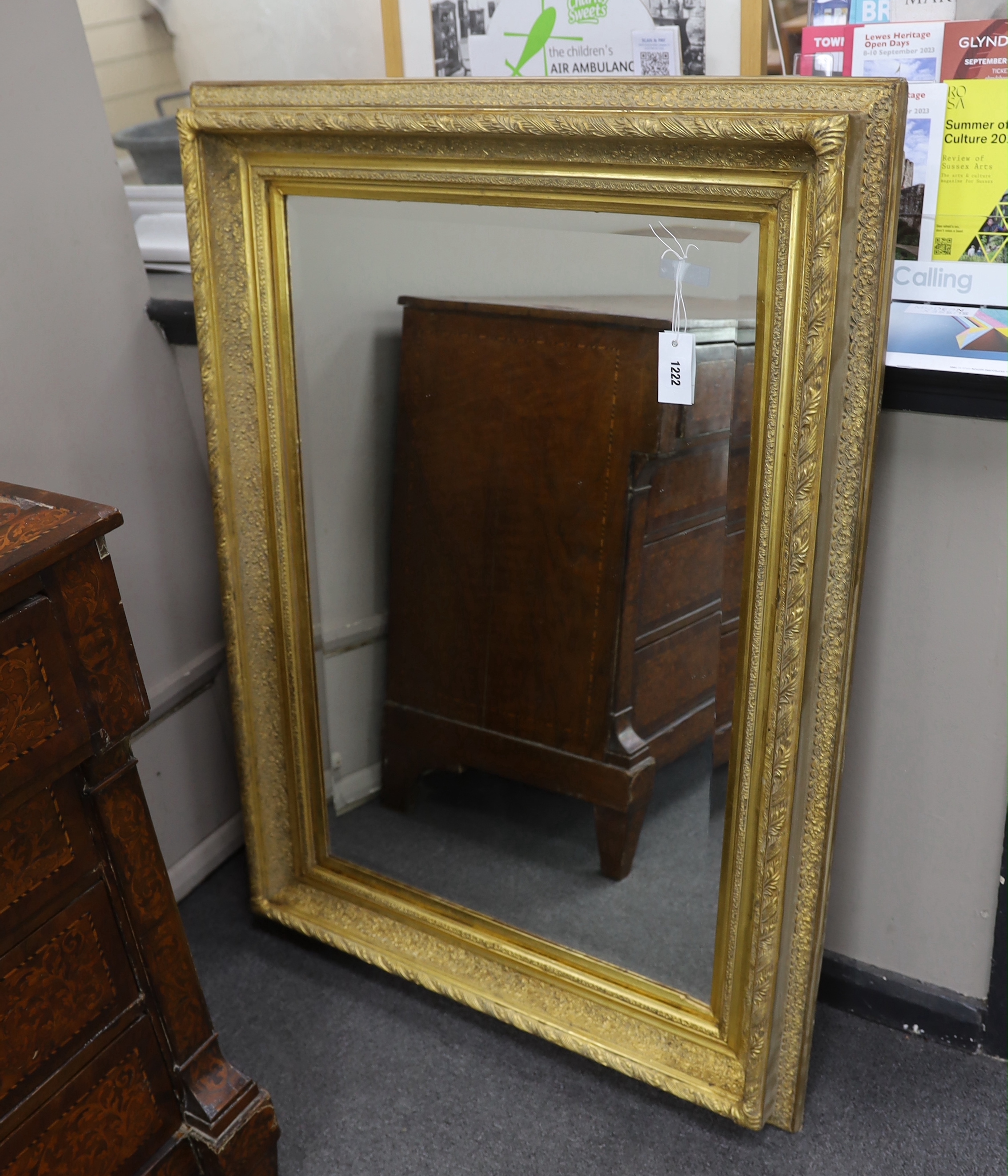 A Victorian style rectangular gilt frame wall mirror, width 84cm, height 114cm